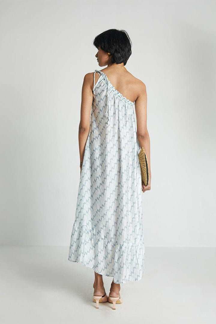 Moonlight Dress: back view, one-shoulder ruffle, light blue lightning zigzag print