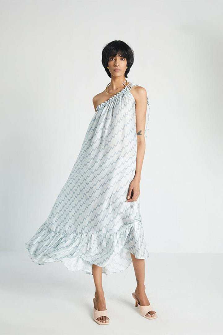 Moonlight Dress: front view, one-shoulder midi with gathered ruffle and zigzag pattern