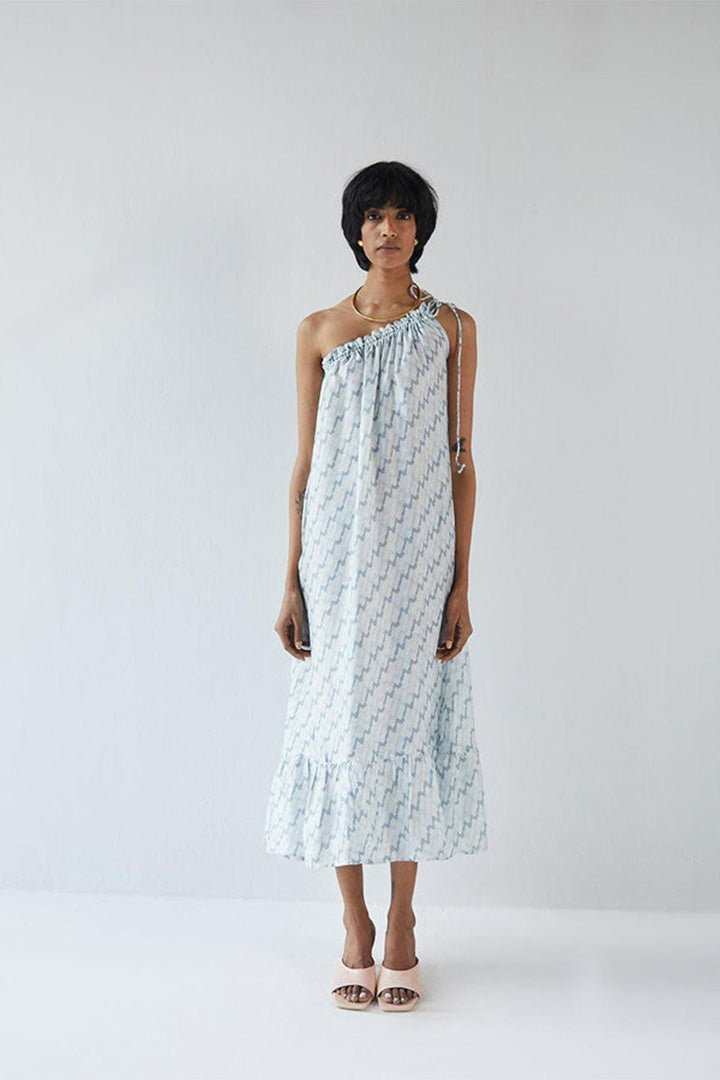 Moonlight Dress: straight-on front, one-shoulder gathered ruffle midi, light blue zigzags
