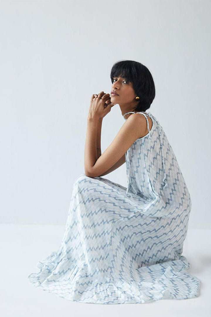 Moonlight Dress: side view, one-shoulder midi with airy skirt, lightning zigzag pattern