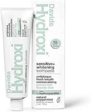 Hydroxi Sensitive+ whitening toothpaste tube and box, peppermint flavor label