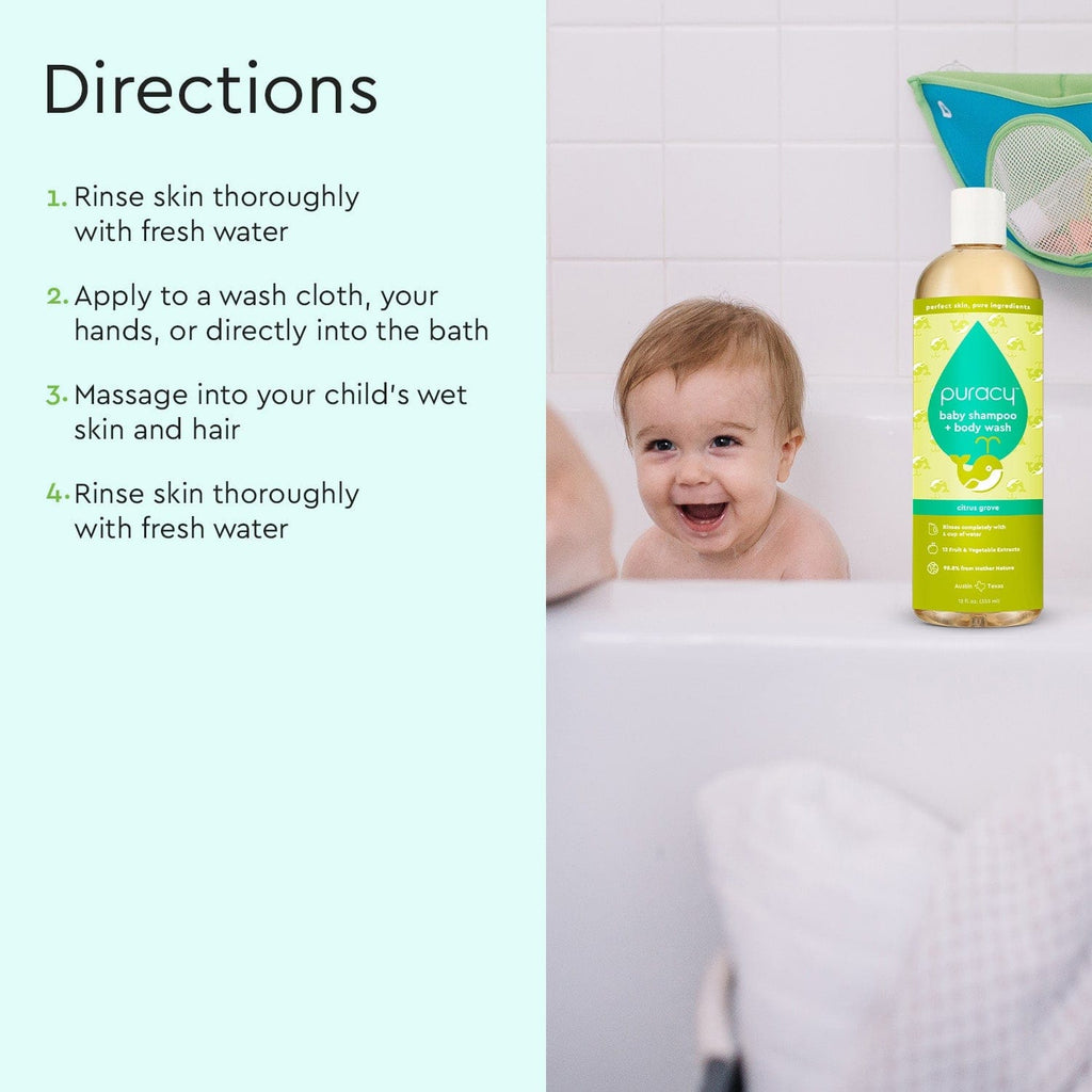Baby shampoo + body wash directions panel with Citrus Grove bottle