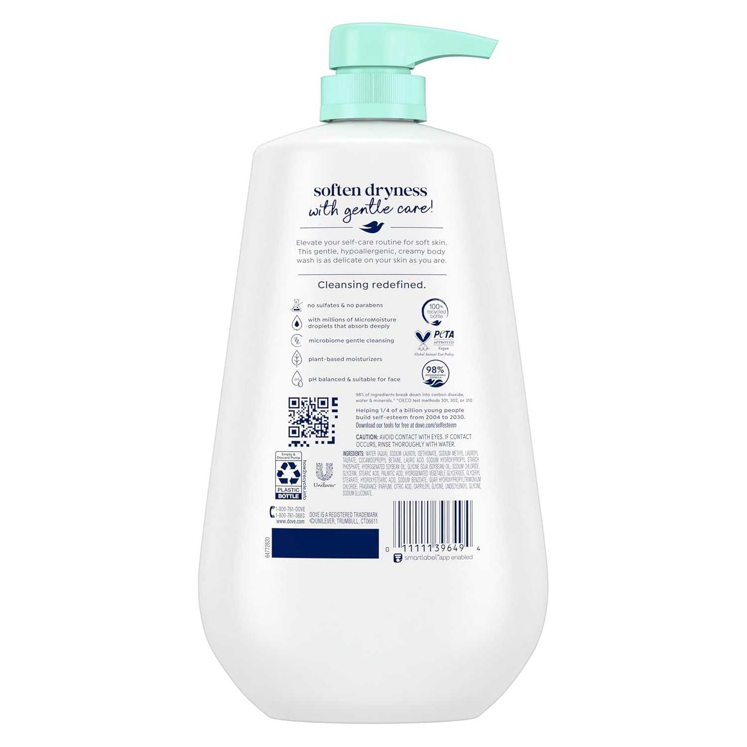 Dove Body Wash Flasche mit grünem Pump-Spender, weißes Flüssig-Waschgel, Etikett auf der Rückseite