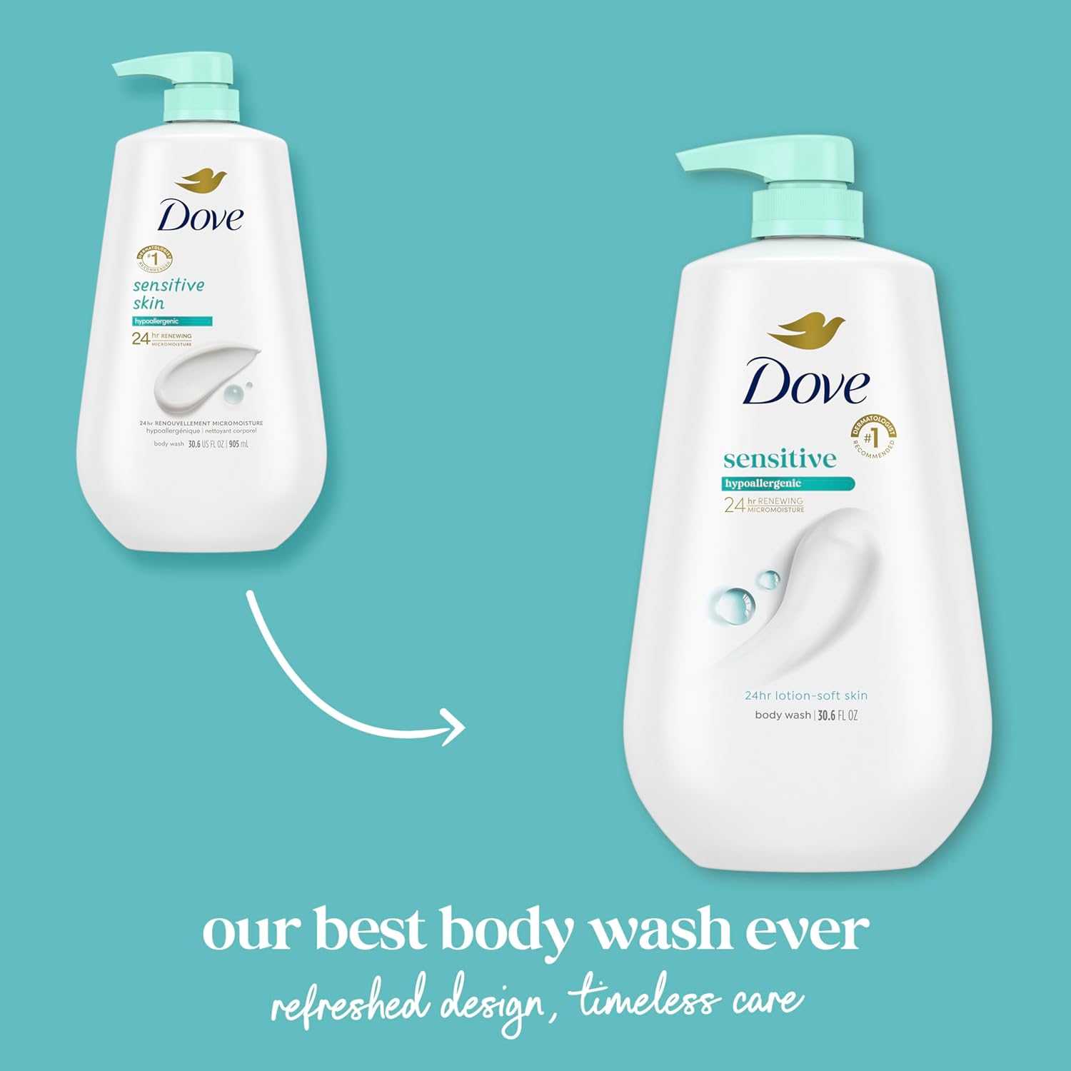 Dove Sensitive Body Wash, weiße Flaschen mit grünem Pump-Spender (2 Stück) nebeneinander