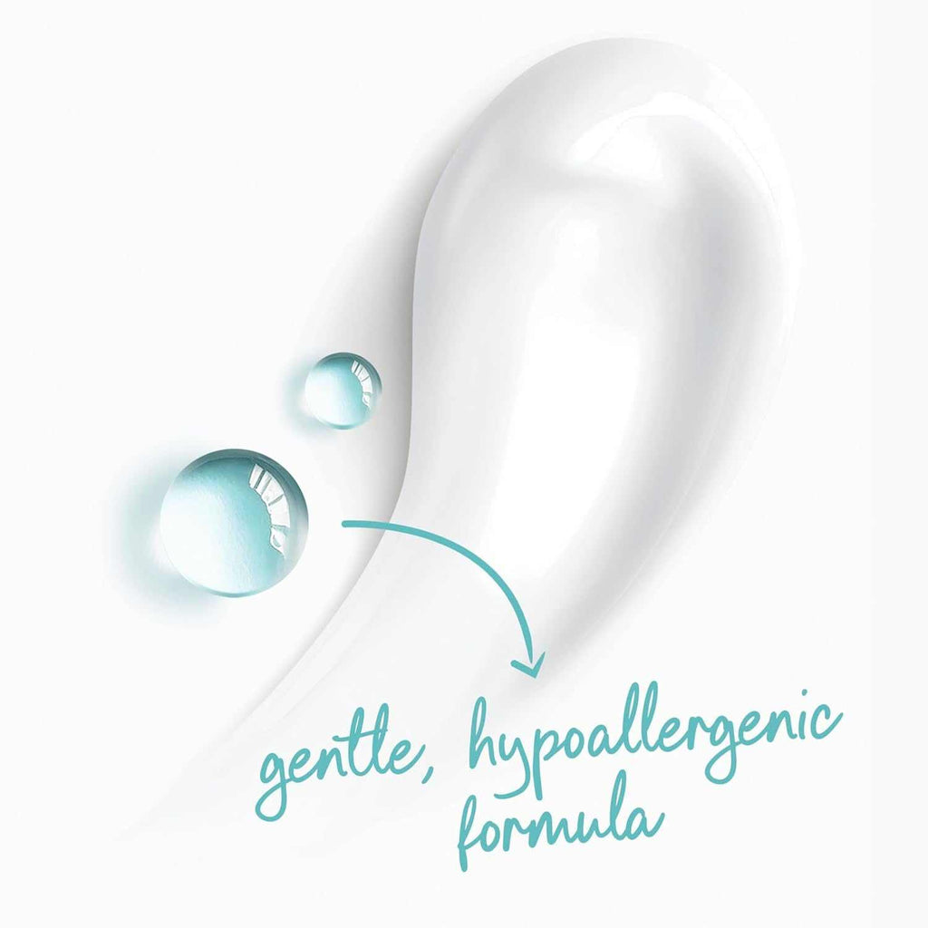 Weiße cremige Body-Wash-Form mit Wassertropfen-Symbolen und Text „gentle, hypoallergenic formula“