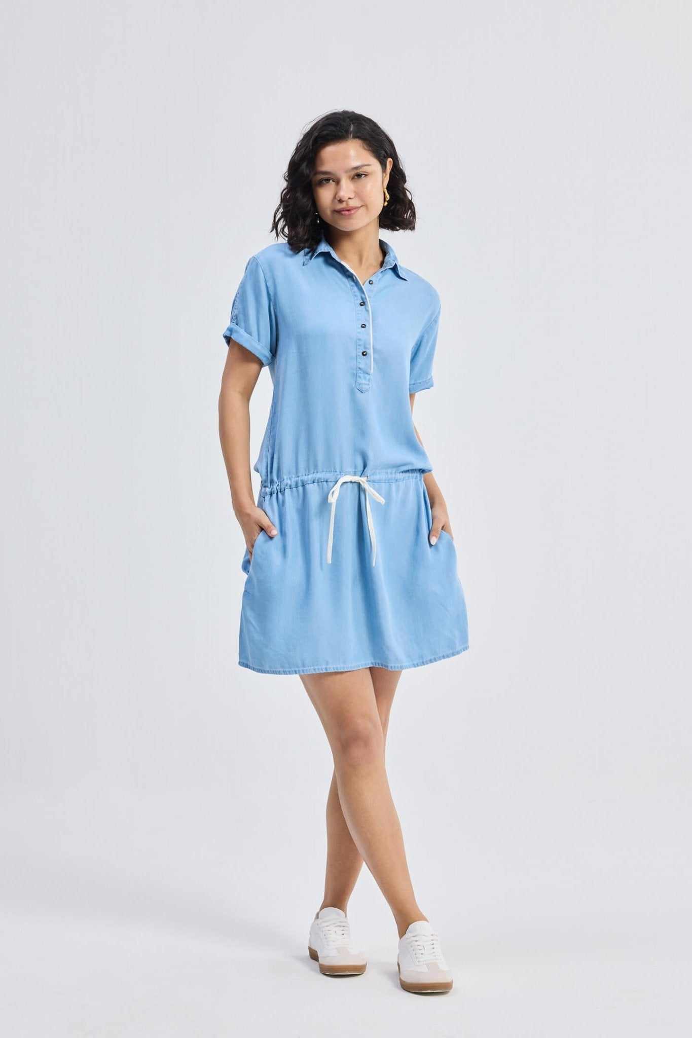 Ocean Blue denim shirt dress with front buttons and drawstring waist