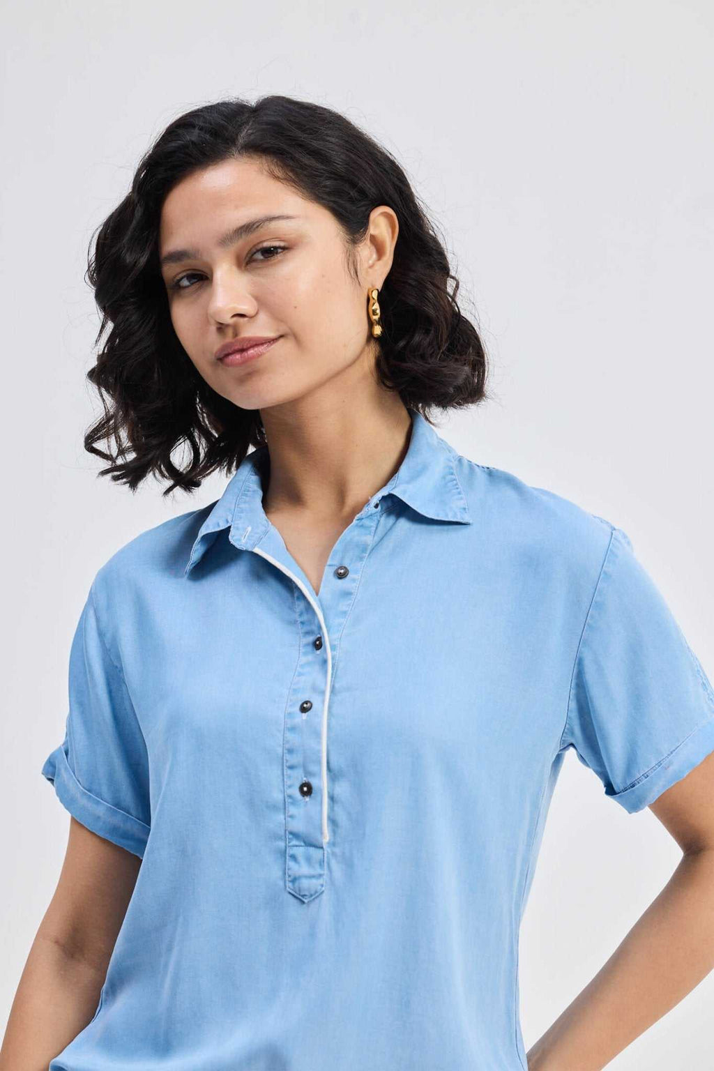 Ocean Blue denim shirt dress with button placket and short sleeves