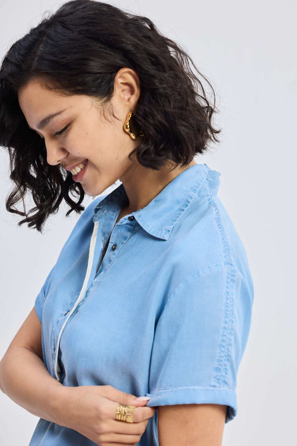 Blue denim shirt dress collar and button placket with short sleeve