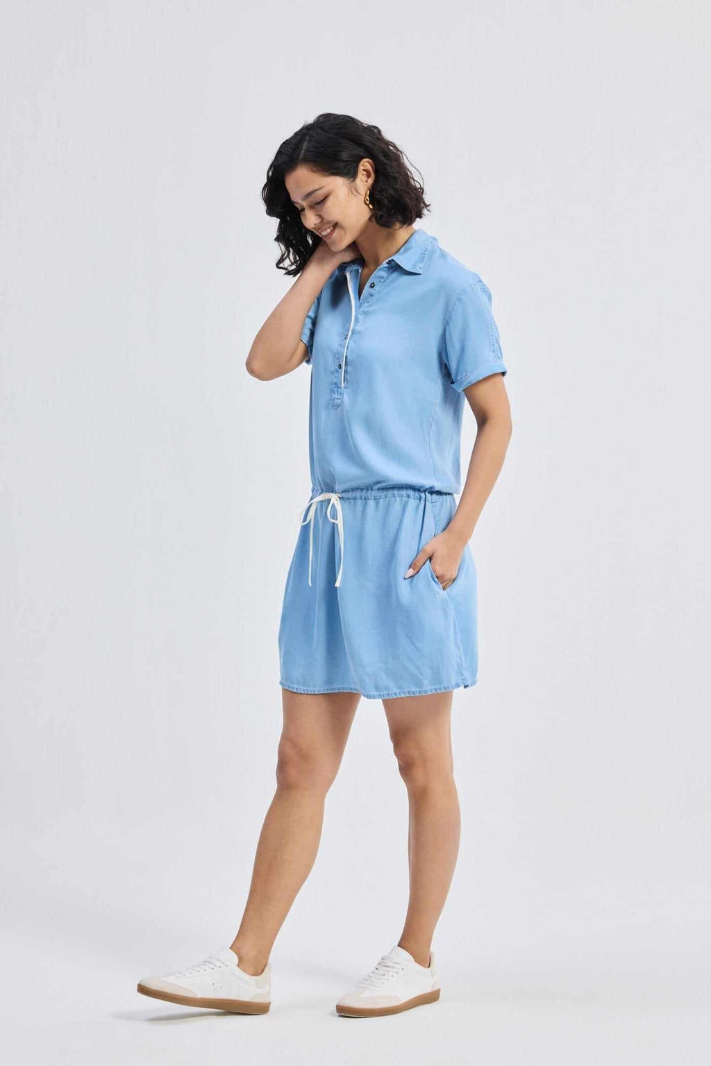 Blue denim shirt dress with drawstring waist and button front