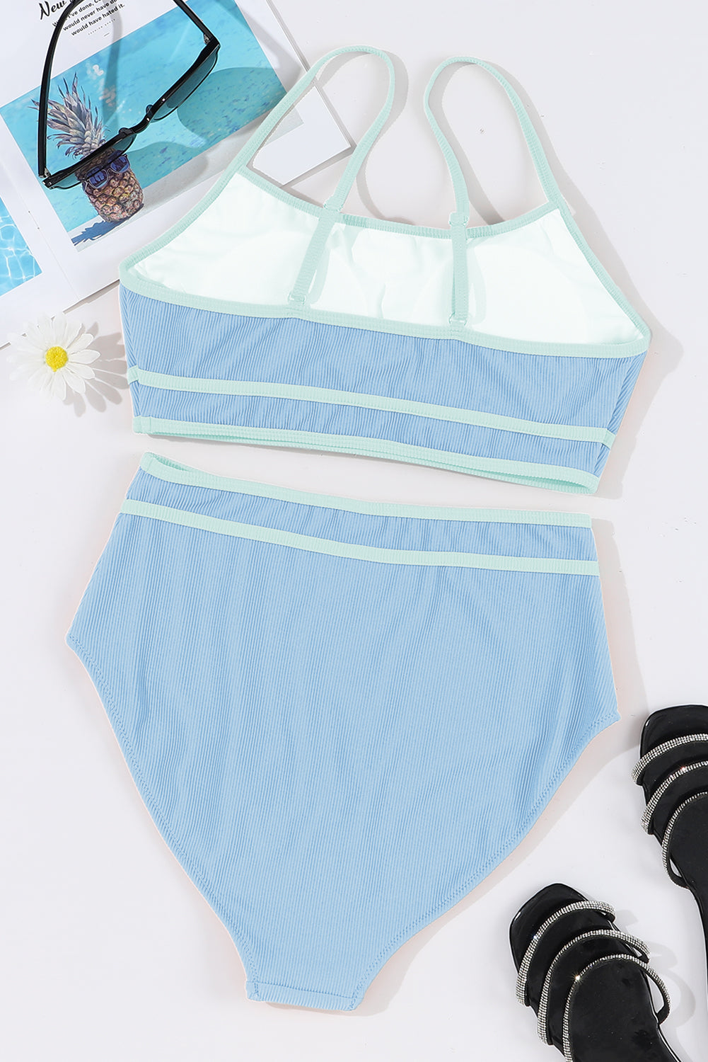 Beau Blue ribbed bikini set laid flat: crop top and briefs with contrast trim