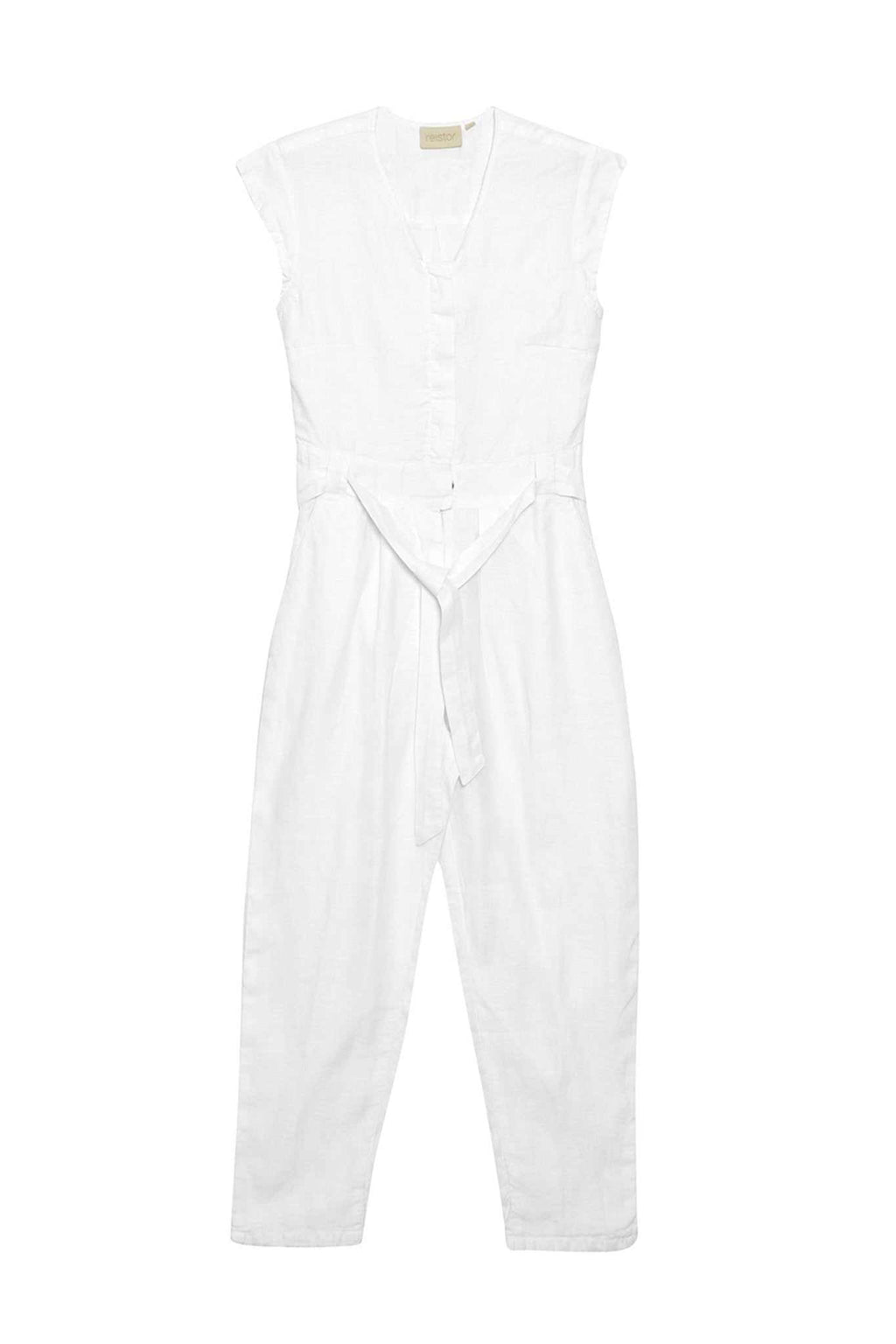 Evening Chai jumpsuit in white, sleeveless V-neck and tie-waist front view