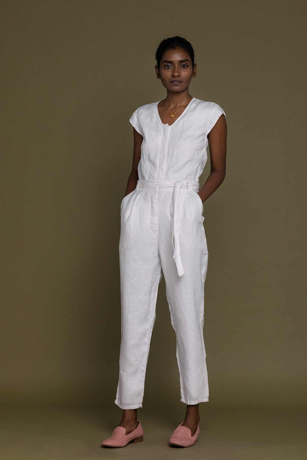 White Evening Chai jumpsuit, front view with short sleeves and tied waist