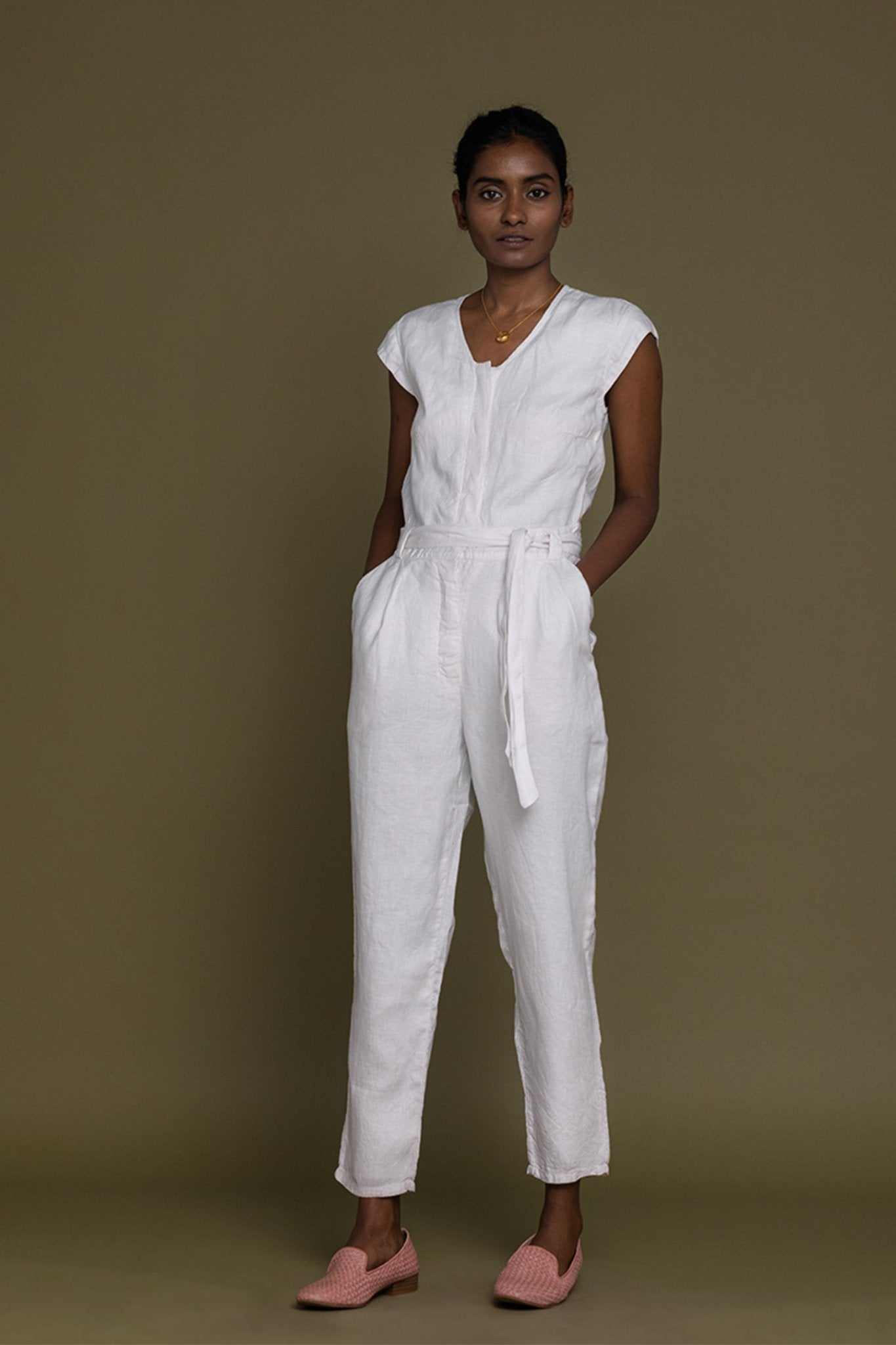 White Evening Chai jumpsuit, front view with short sleeves and tied waist