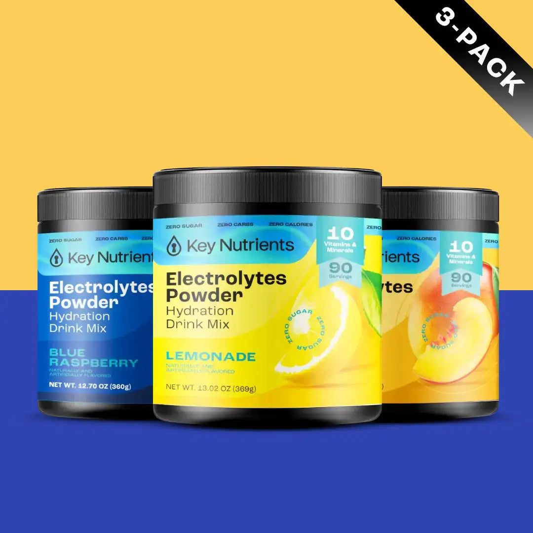 Three electrolytes powder tubs, various flavors: Blue Raspberry, Lemonade, and Orange