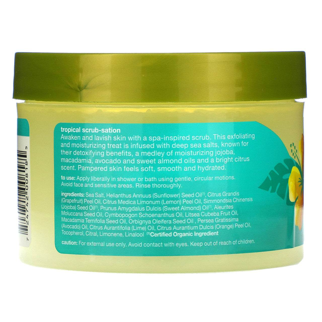 Back label of sea salt body scrub tub with ingredient and directions text