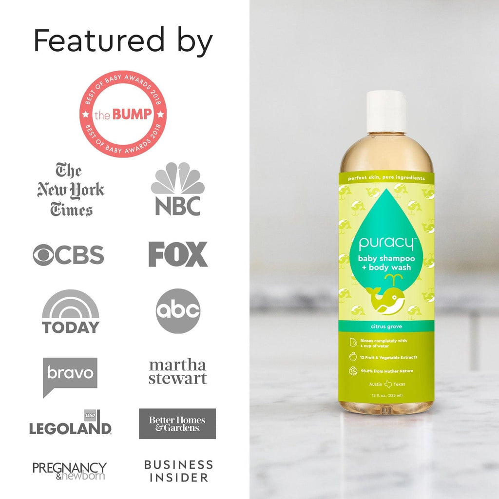 Baby shampoo + body wash Citrus Grove bottle shown with award logos