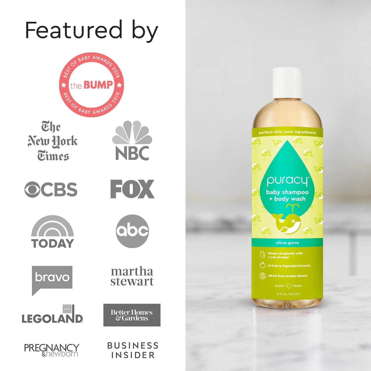 Baby shampoo + body wash Citrus Grove bottle shown with award logos