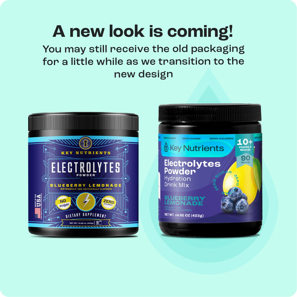 Electrolytes Powder tubs, old and new packaging designs, shown side by side