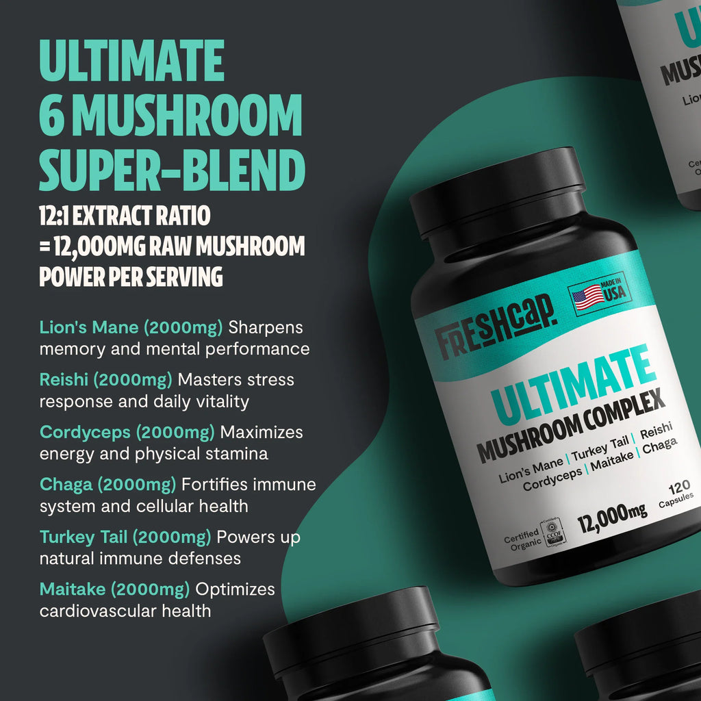 Ultimate 6 Mushroom Super-Blend capsules bottle with Lion’s Mane, Reishi, Cordyceps, Chaga