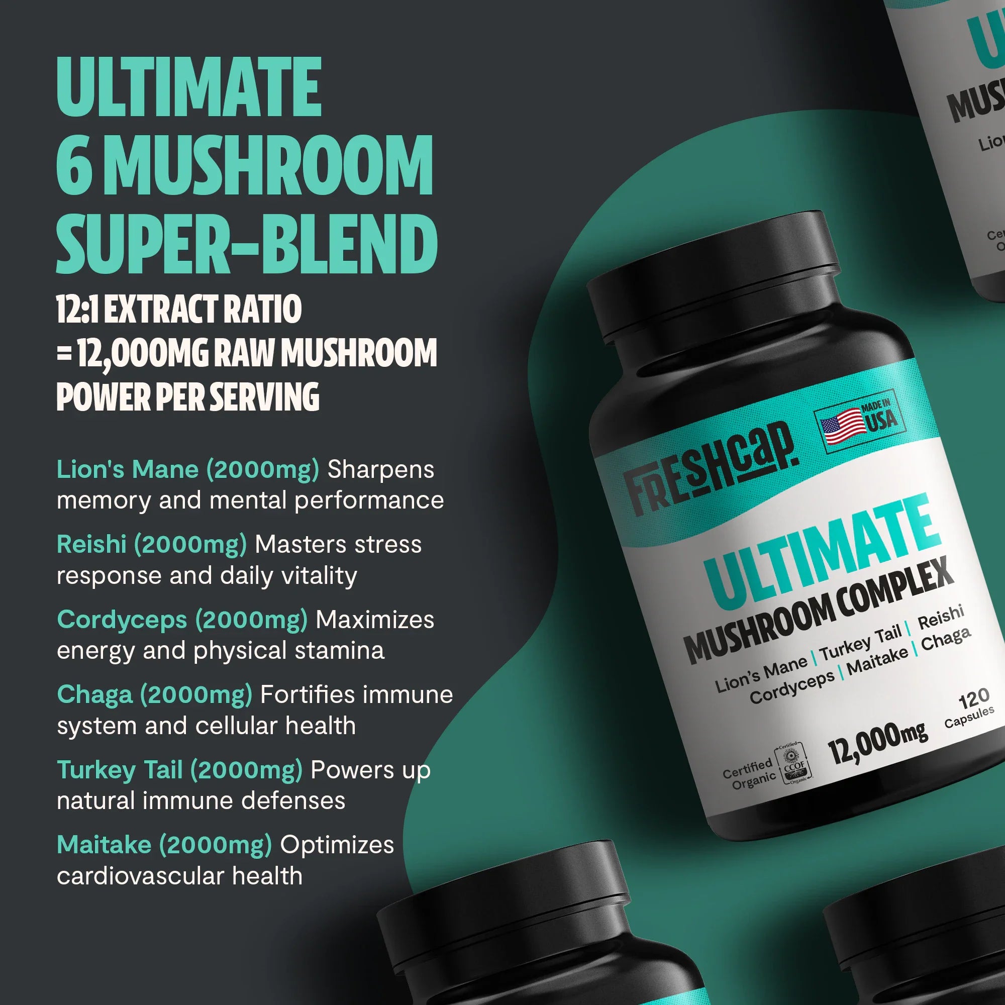 Ultimate 6 Mushroom Super-Blend capsules bottle with Lion’s Mane, Reishi, Cordyceps, Chaga