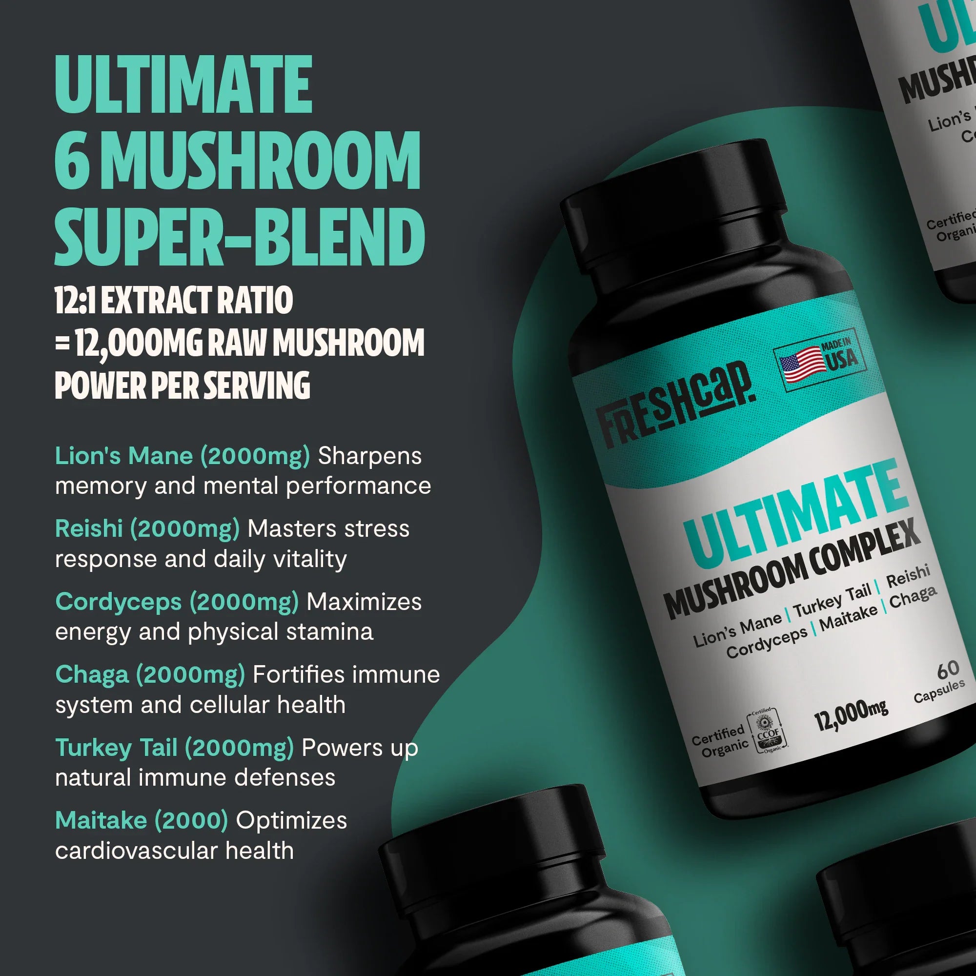Ultimate 6 Mushroom Super-Blend bottle showing Lion’s Mane, Turkey Tail, Reishi, Cordyceps, Chaga, Maitake
