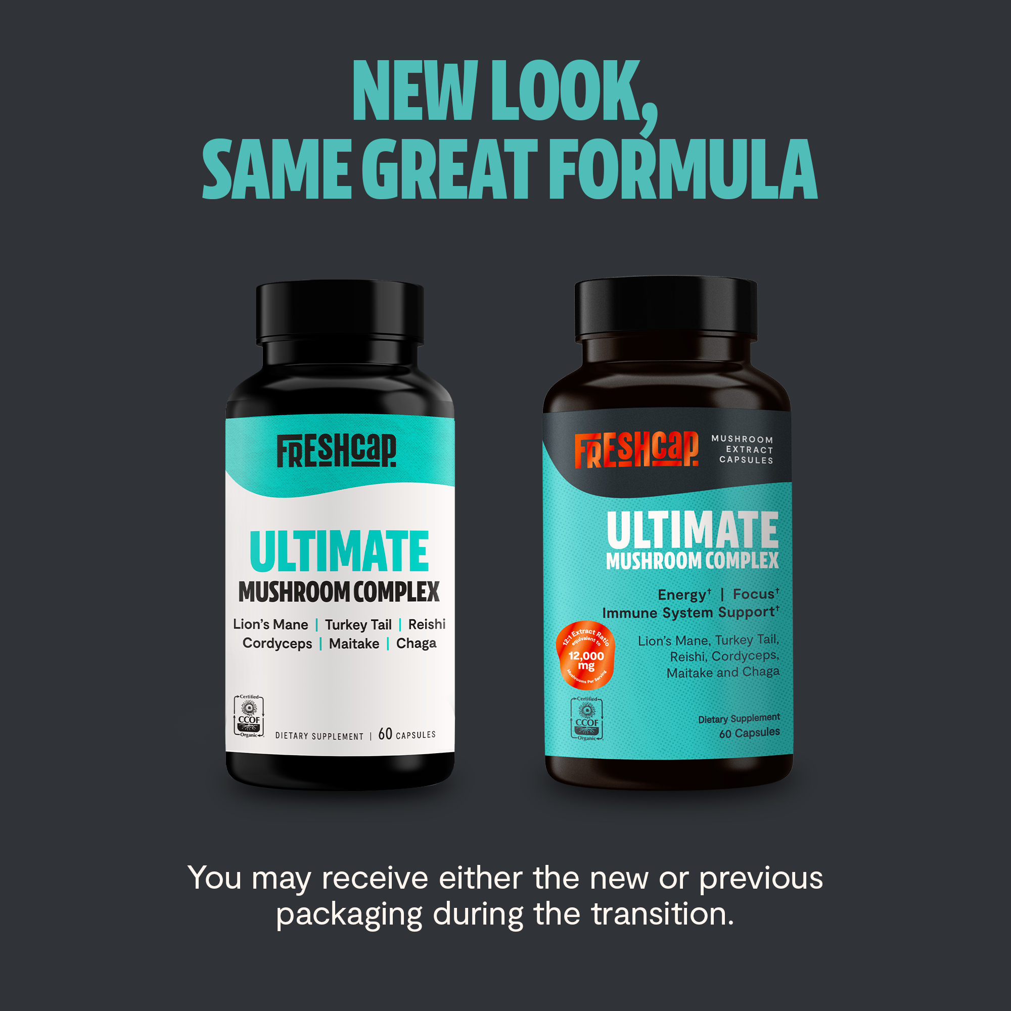 Ultimate Mushroom Complex bottles showing new vs previous packaging