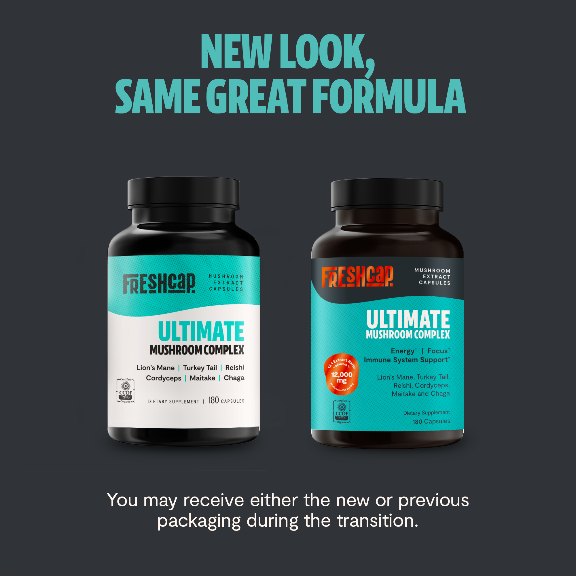 Ultimate Mushroom Complex, two bottle designs side by side with “New look, same great formula”.
