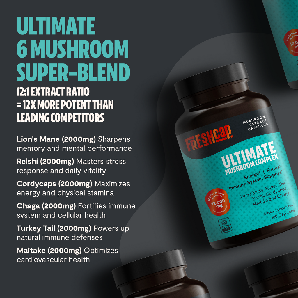 Ultimate Mushroom Complex capsules bottle with teal label, 12:1 extract ratio