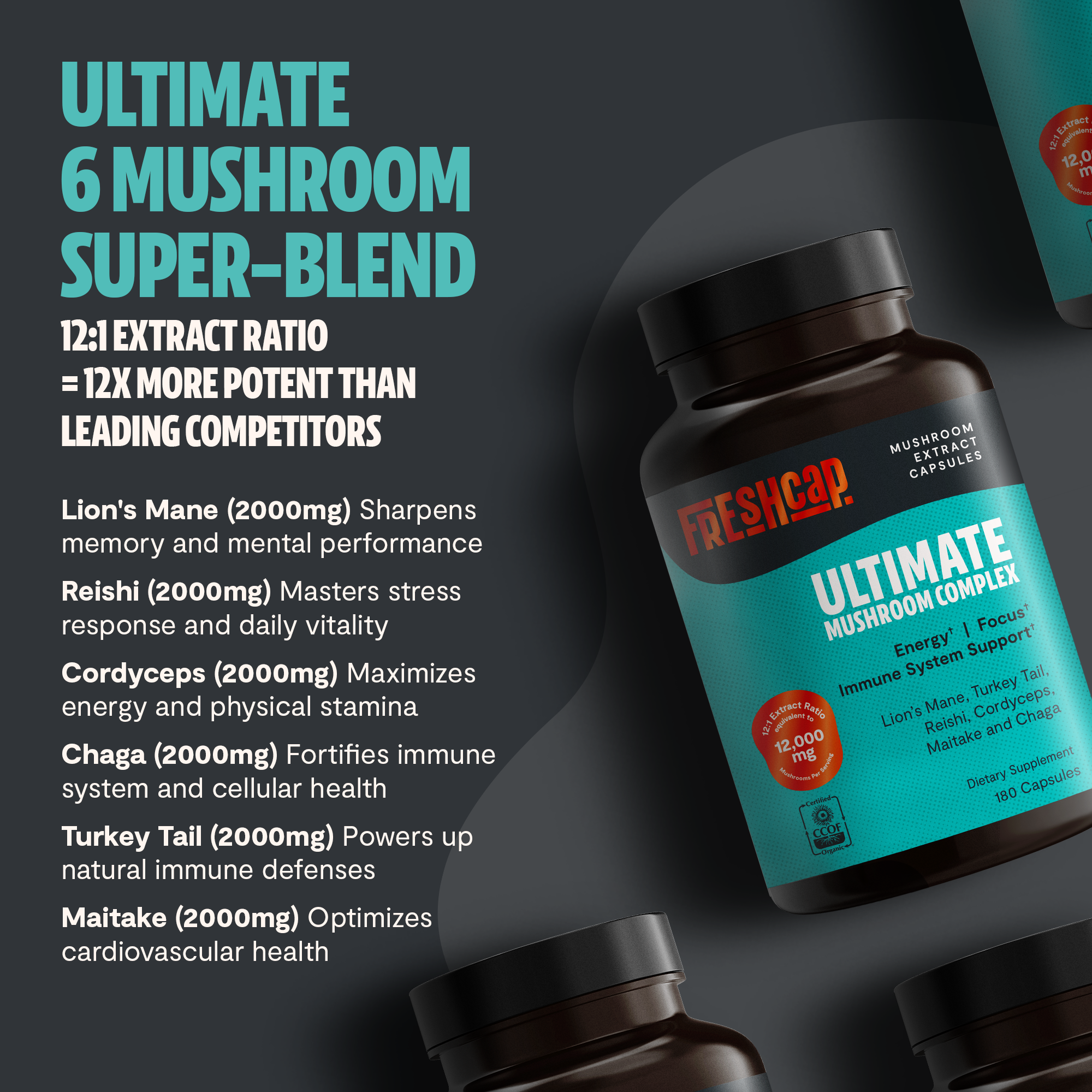 Ultimate Mushroom Complex capsules bottle with teal label, 12:1 extract ratio