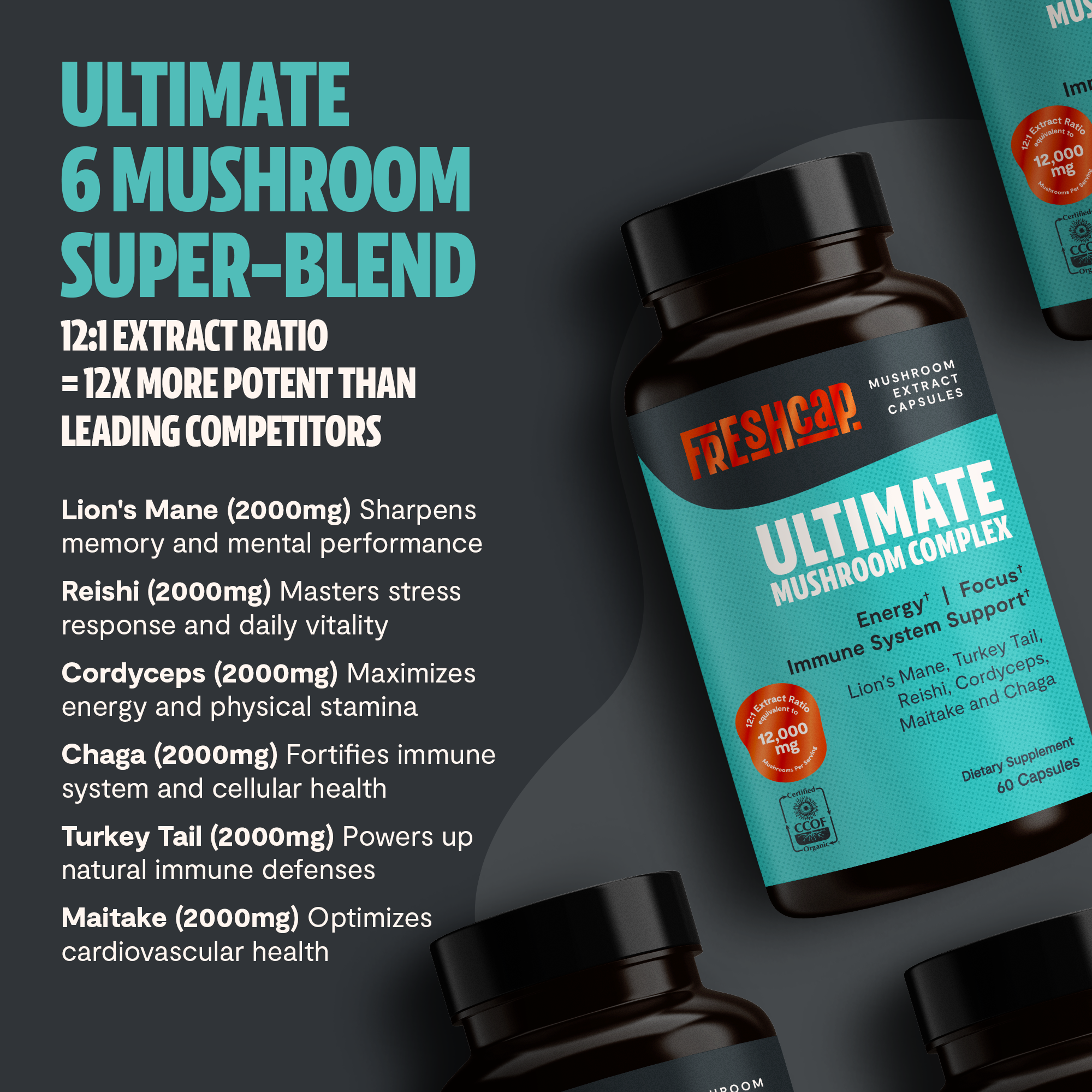 Ultimate Mushroom Complex label: 6-mushroom super-blend, 12:1 extract ratio