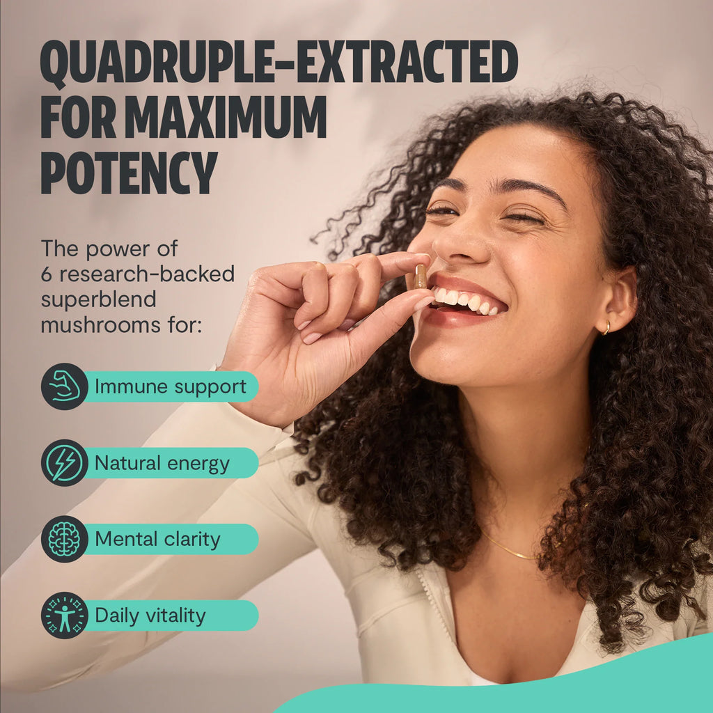 Ultimate Mushroom Complex capsules—woman taking a capsule; wellness icons for immune, energy, clarity
