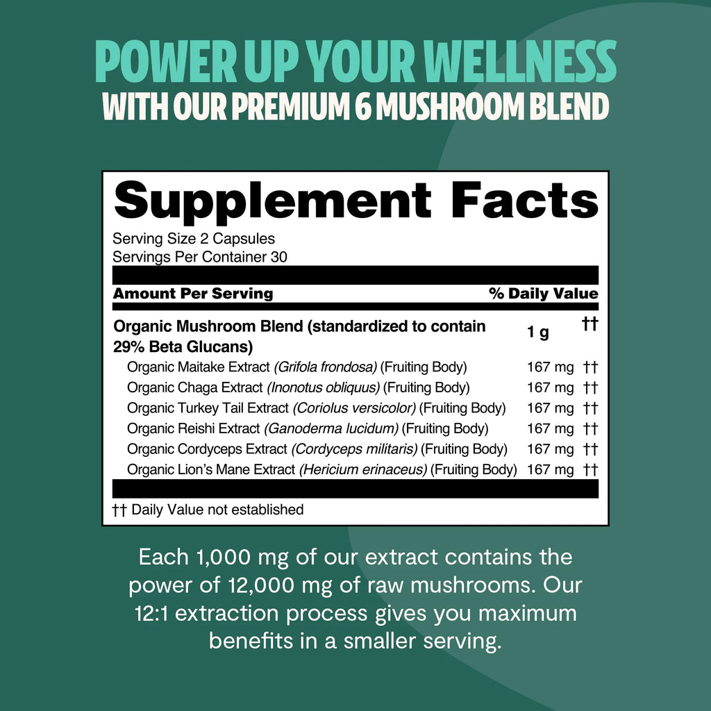 Ultimate Mushroom Complex Supplement Facts panel with organic mushroom blend and beta glucans