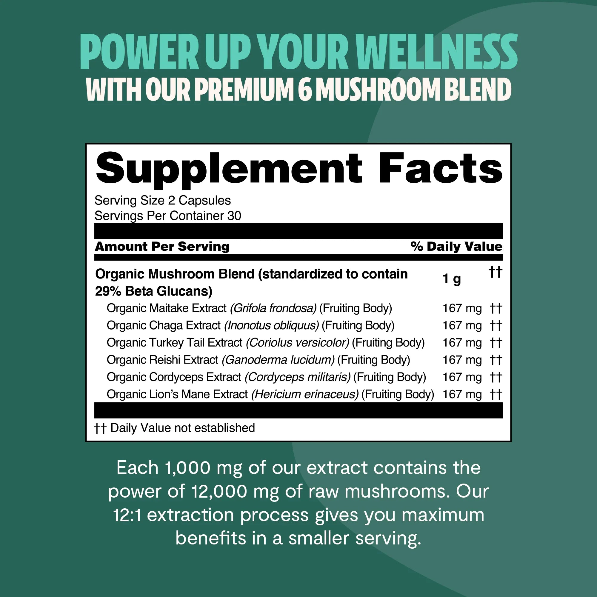 Ultimate Mushroom Complex Supplement Facts panel with organic mushroom blend and beta glucans