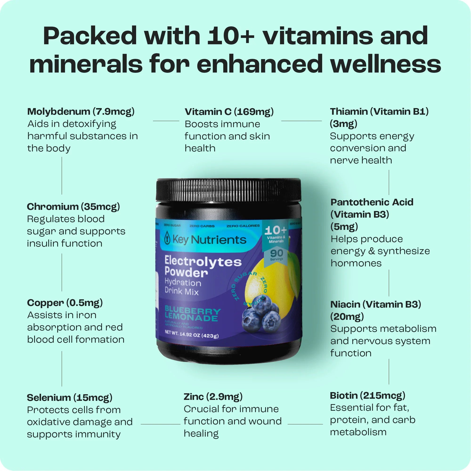 Electrolytes Powder tub, Blueberry Lemonade flavor, black lid and blue label