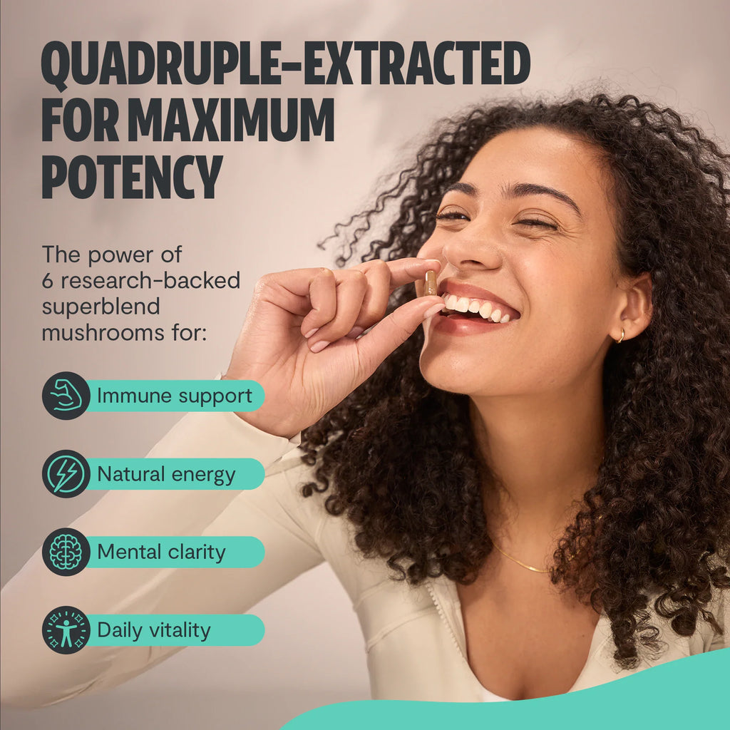 Ultimate Mushroom Complex capsules—woman smiling while taking a capsule with daily vitality icon