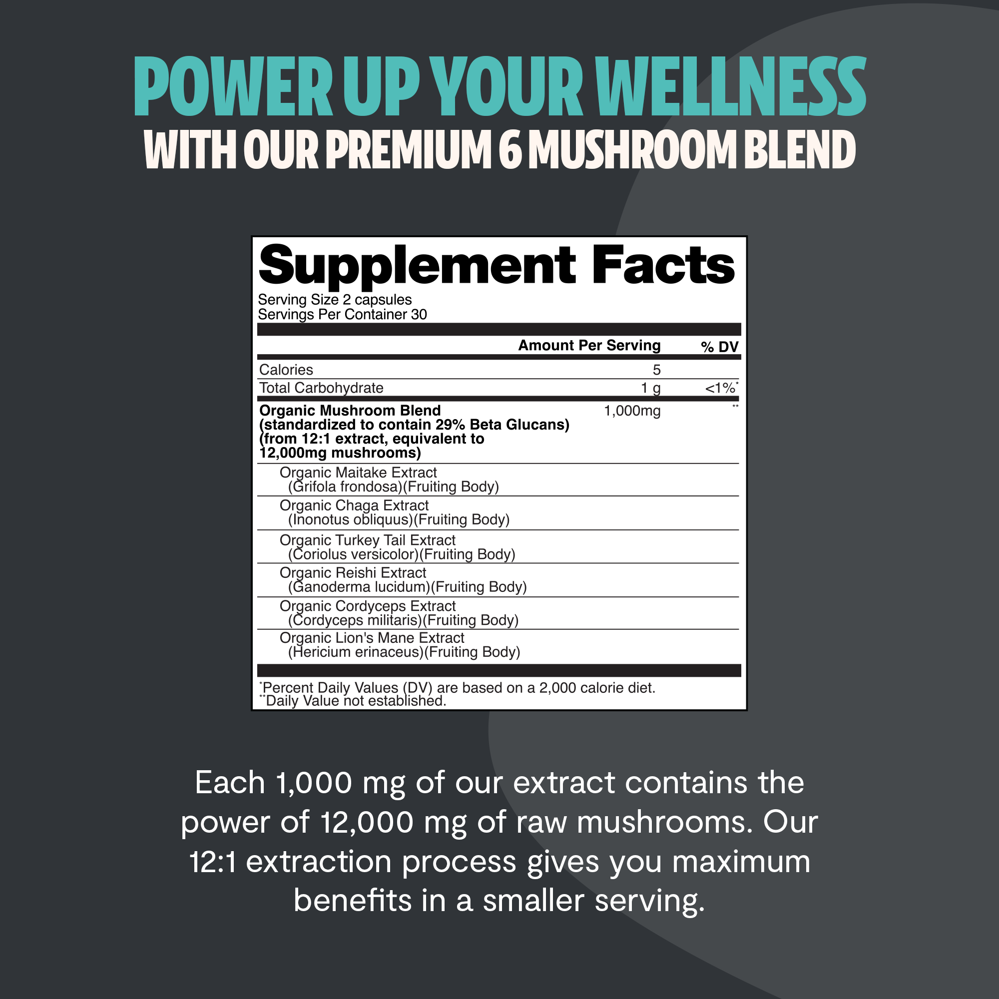 Ultimate Mushroom Complex Supplement Facts panel with serving and ingredient amounts