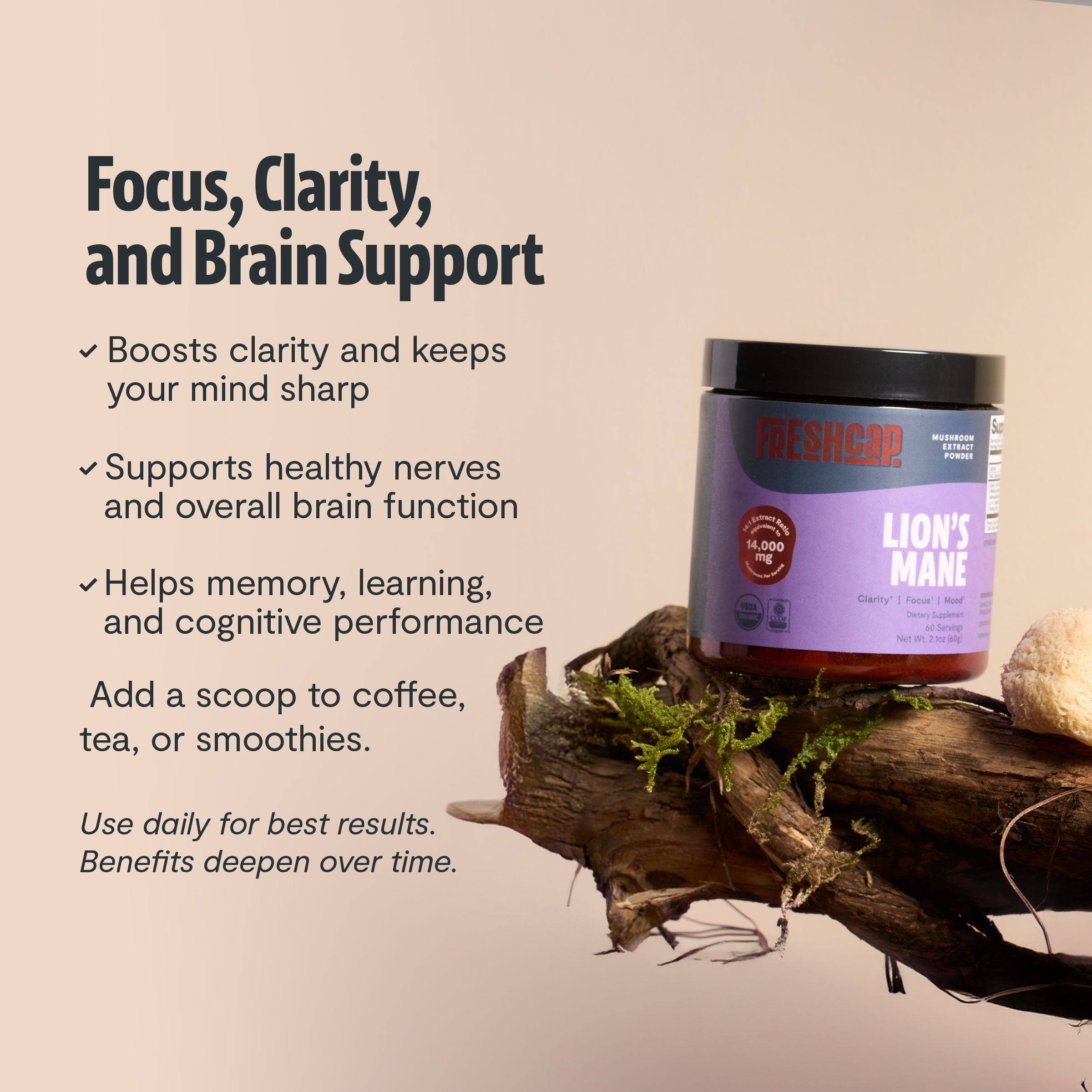 Lion’s Mane mushroom extract jar on a log with a purple label and feature bullets