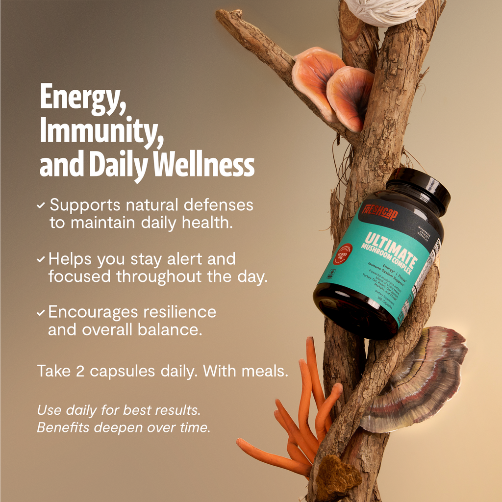 Ultimate Mushroom Complex bottle with energy, immunity, and daily wellness text