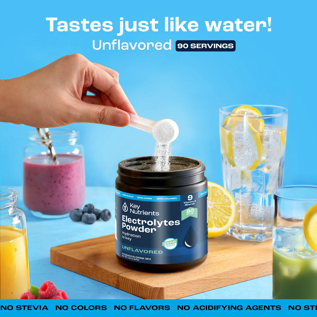 Unflavored electrolytes powder jar with scoop pouring into water, sugar-free hydration mix