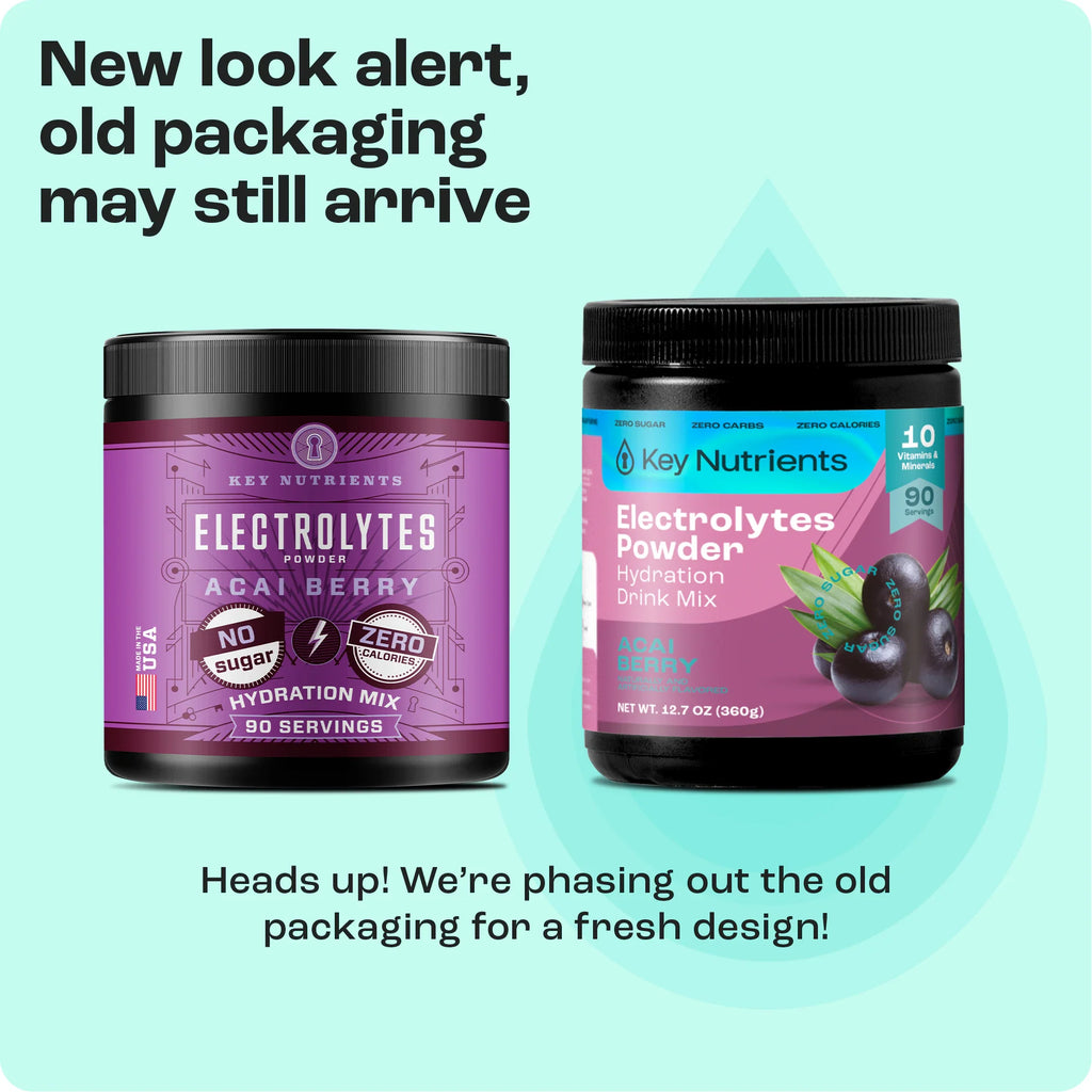 Electrolytes Powder jar showing new packaging design next to older design