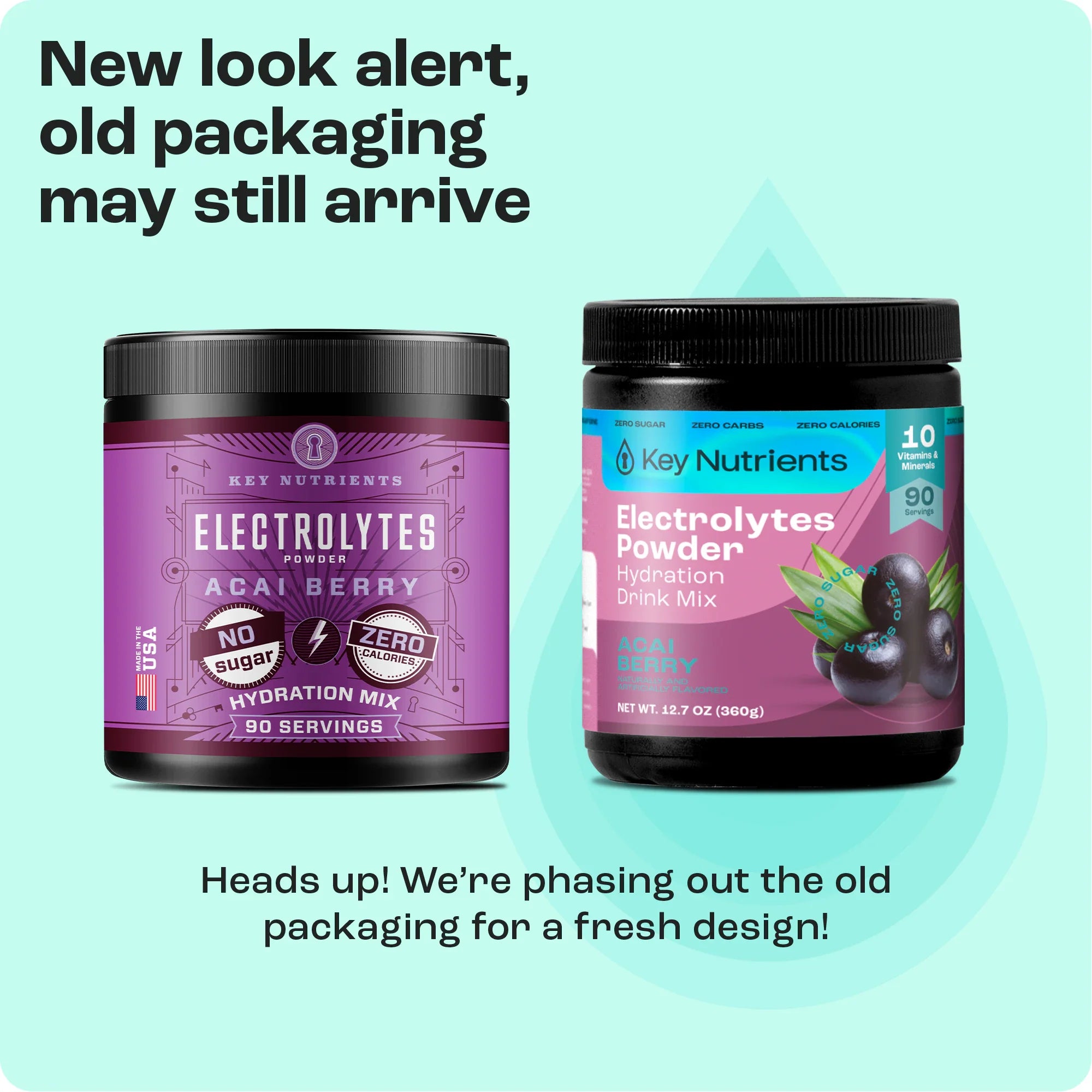 Electrolytes Powder jar showing new packaging design next to older design