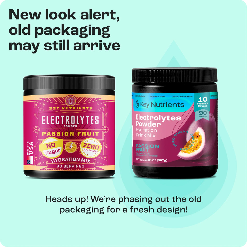 Electrolytes powder jars showing old vs new packaging; Passion Fruit flavor