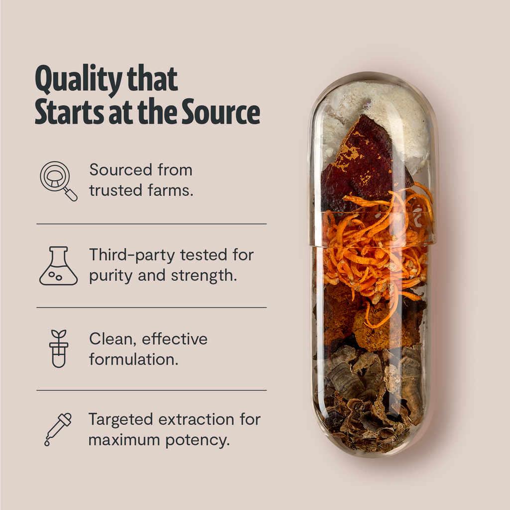 Glass capsule with mushroom pieces and quality checklist for Ultimate Mushroom Complex