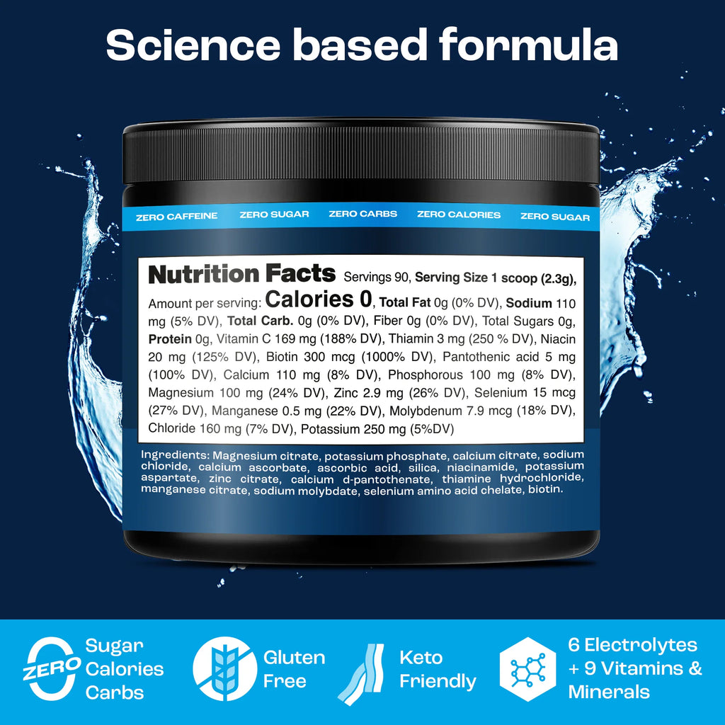 Elektrolytes Powder nutrition facts label on tub, zero sugar, 90 servings