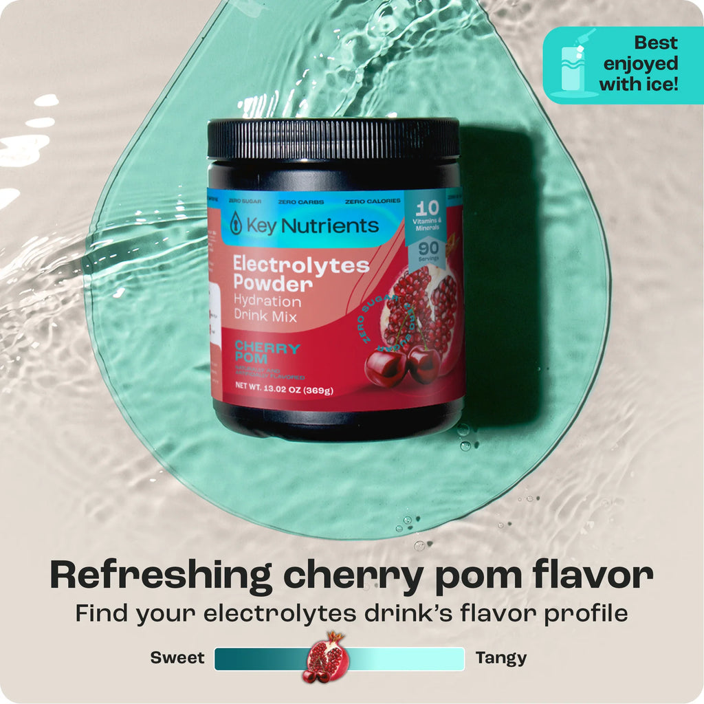Electrolytes Powder Drink Mix tub, sugar-free Cherry Pom, in a glass with ice (label visible)