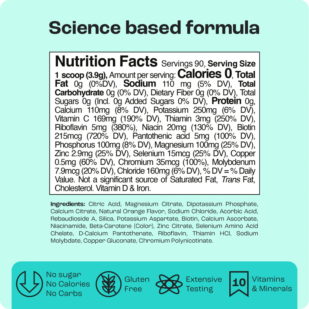 Nutrition Facts and ingredients panel for electrolytes hydration drink mix