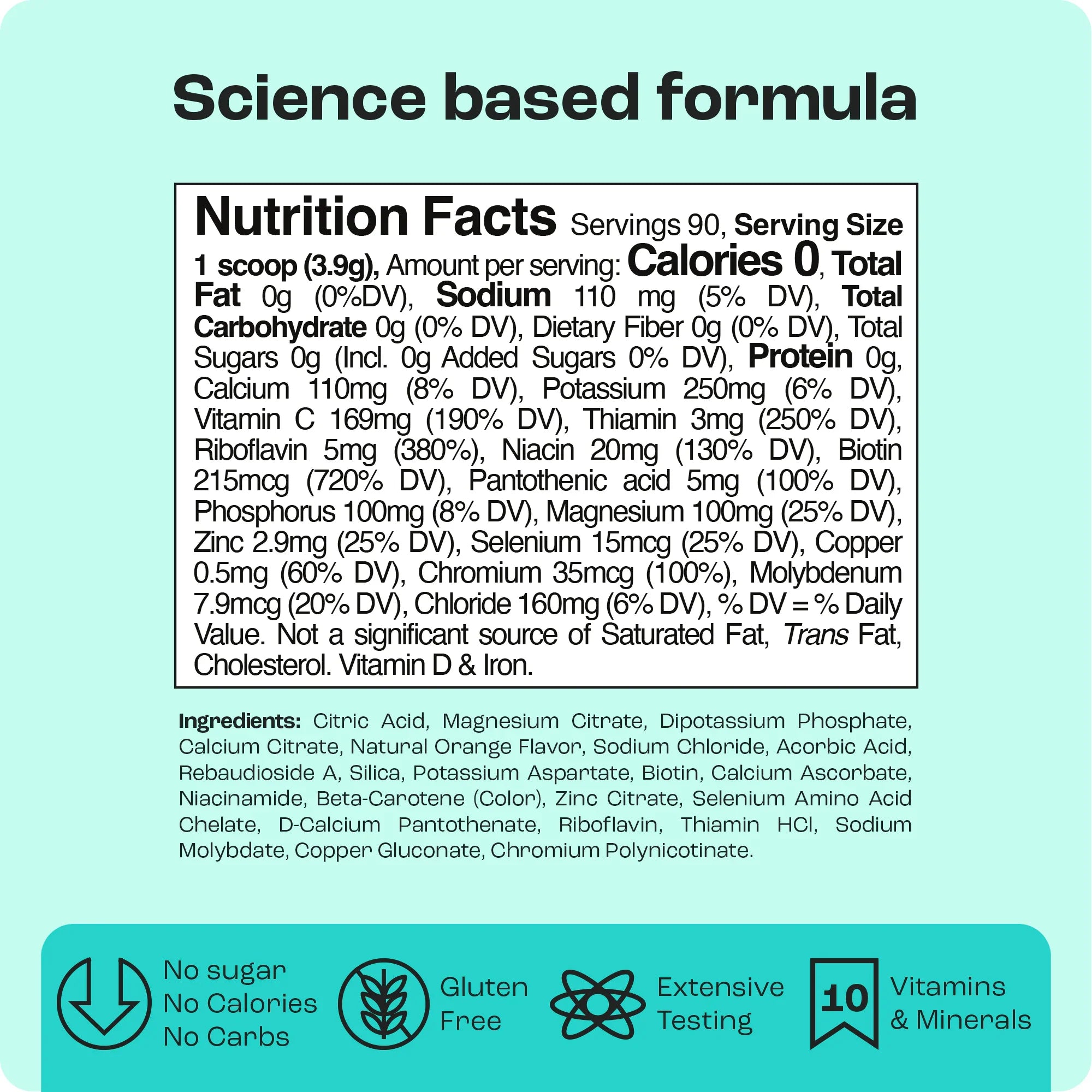Nutrition Facts and ingredients panel for electrolytes hydration drink mix