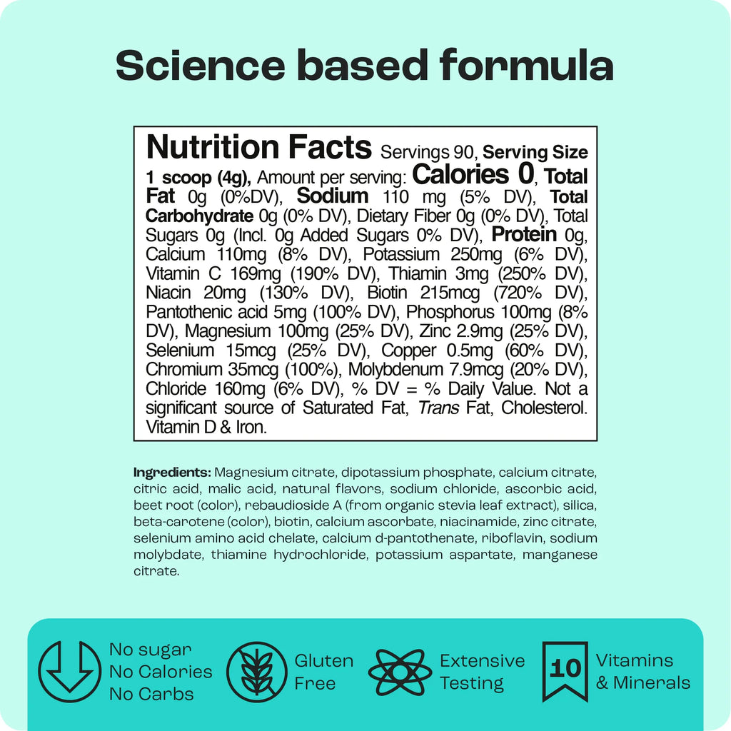 Nutrition Facts panel for sugar-free electrolytes powder drink mix with 10+ vitamins & minerals