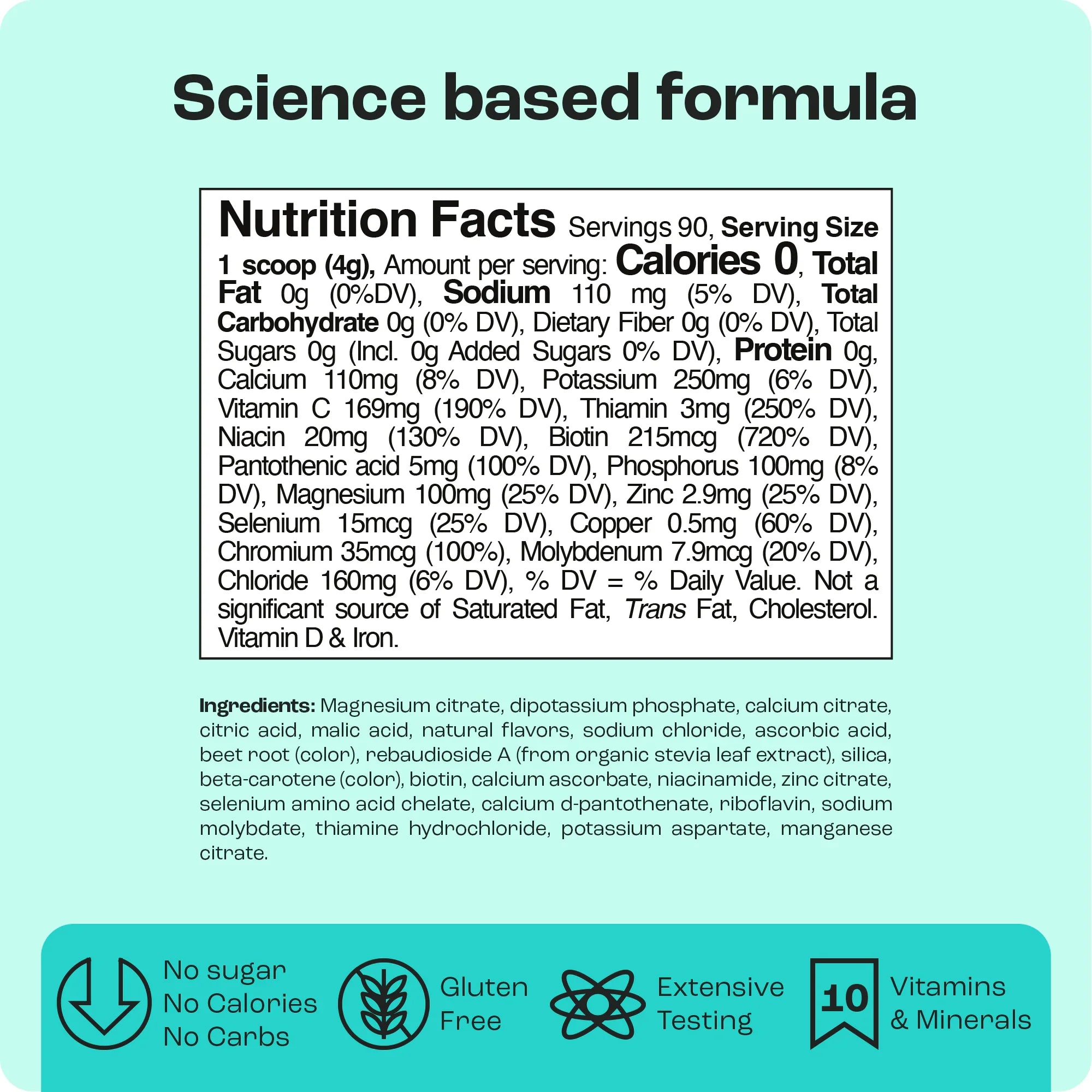 Nutrition Facts panel for sugar-free electrolytes powder drink mix with 10+ vitamins & minerals