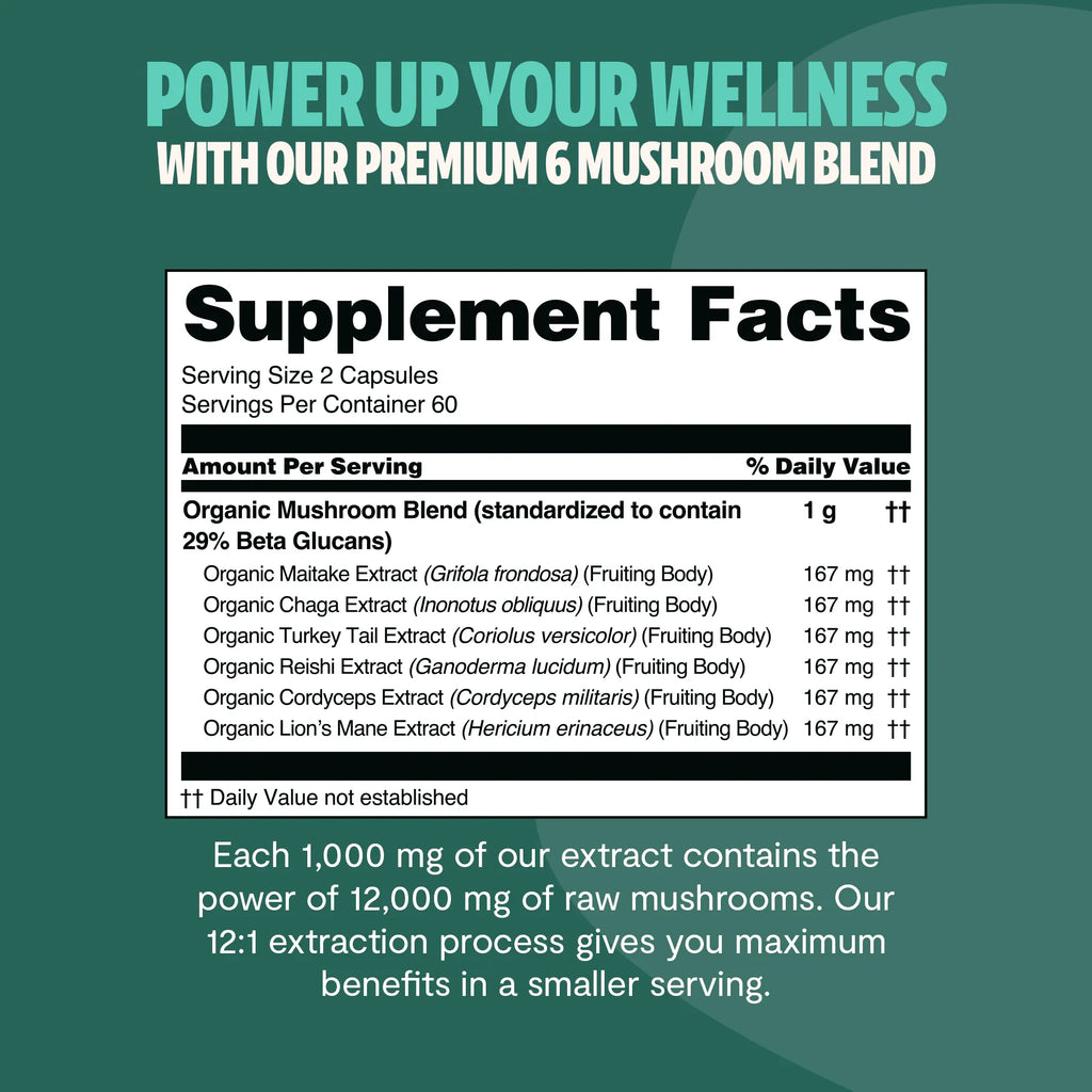Ultimate Mushroom Complex Supplement Facts panel listing organic mushroom extracts